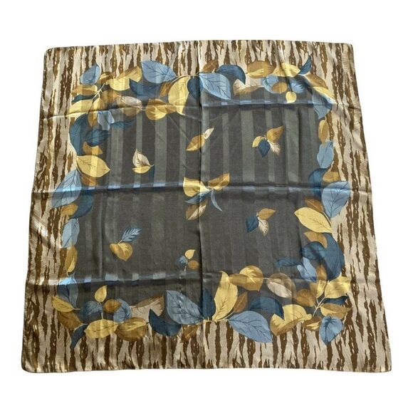 Vintage Womens Fall Square Scarf Blue Tan Leaves Falling Print Made In Italy 34” - Picture 1 of 3